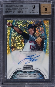 2011 Bowman Sterling Prospects Autographs Canary Diamond Refractor #BSP-FL Francisco Lindor Signed Card (#1/1) - BGS MINT 9/BGS 9